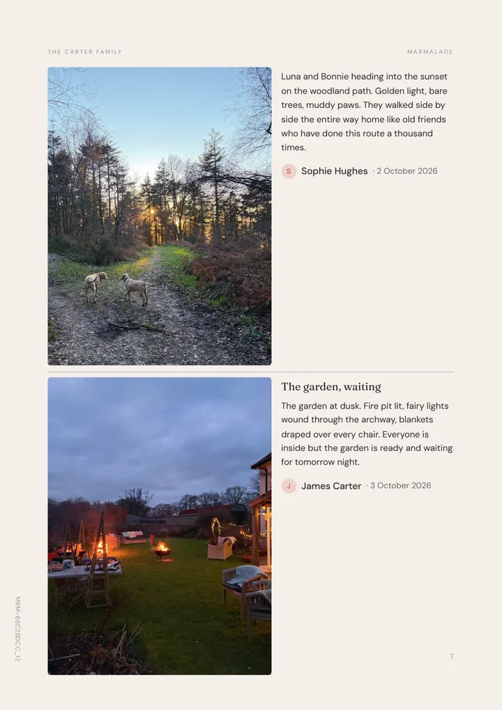 A woodland path and a garden at dusk, each with its caption