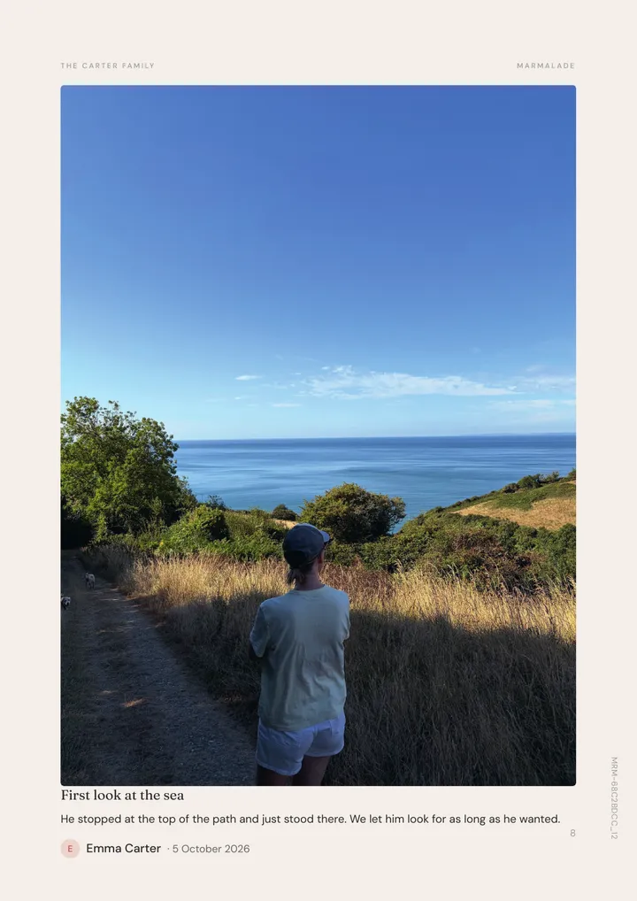 A full page photo of a child looking at the sea